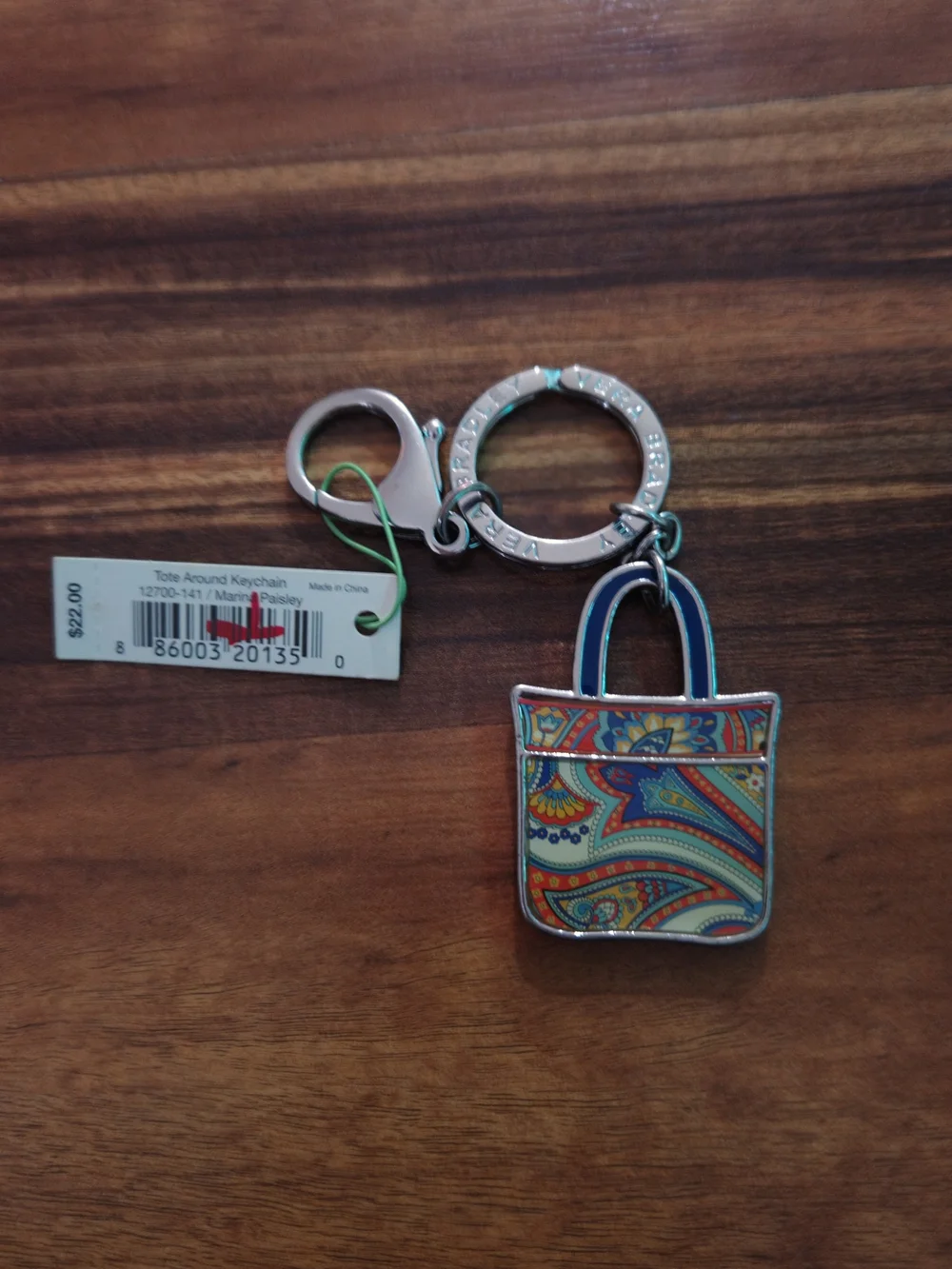 Vera Bradley Marina Paisley Tote Charm Keychain in Green And Blue